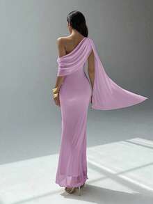 Aloruh 女士优雅不对称肩部连衣裙，适合派对穿着 - 紫丁香色 - 查看 2