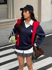 SHEIN EZwear 女士超大 V 领宽松休闲简约马图案运动衫，适合秋冬季