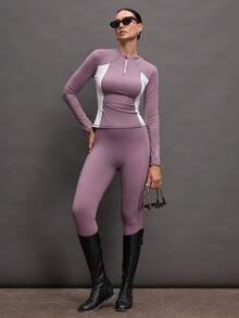 Activina Women's Contrast Color Long Sleeve Zipper Design Equestrian Top - Dusty Purple - View 3