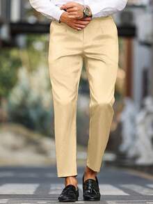 Calvornis Men's Solid Color Waist Buckle Design Pocket Commuter Suit Pants - Beige - View 5