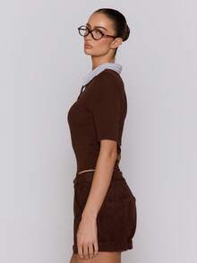 MUSERA Pinstripe Collared Knit Fitted 3/4 Sleeve Top Cute Teacher Casual Work Streetwear Sporty Work Wear Corporate Run , Holidays, Festive Spring Summer - Chocolate Brown - View 4