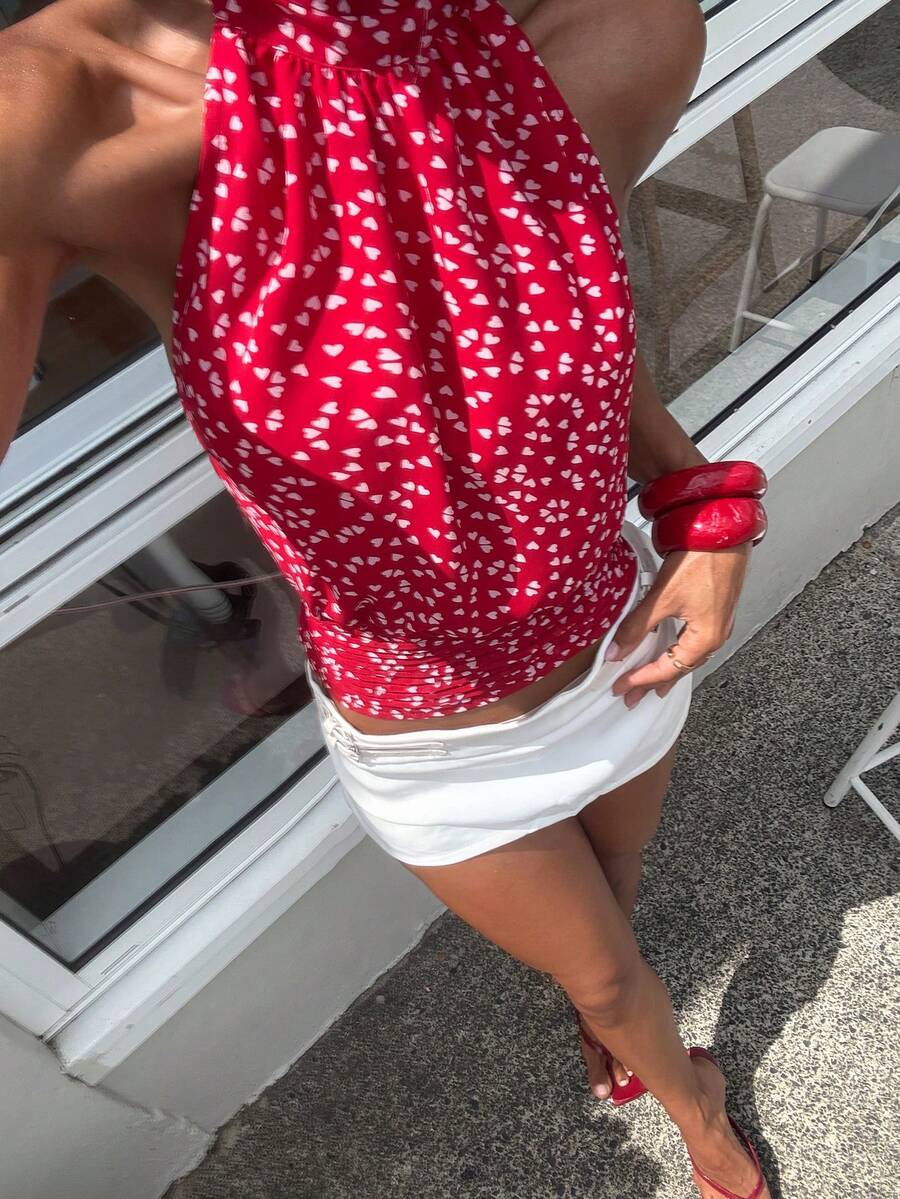 Opulessa 春夏情人节生日海滩度假优雅外出红色女士印花露背吊带性感上衣，春夏皆宜，情人节、狂欢节服装，优雅派对上衣，海滩、婚礼宾客上衣，夏季度假，休闲上衣 - 紅色 - 查看 1