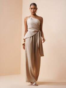 Zivah 2026 Spring/Summer One Shoulder Exposed Shoulder Waist Tie Asymmetric Hem Fitted Top + Loose Wide Leg Pants With Real Pockets, Bamboo Fiber Material, Khaki 2-Piece Set, Spring/Summer Vacation Casual Suit For Women - Khaki - View 4