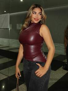 Maria Perezxox 女士优雅别致复古性感机车酒红色纯色 PU 不对称褶皱腰背心 - 酒紅色 - 查看 4