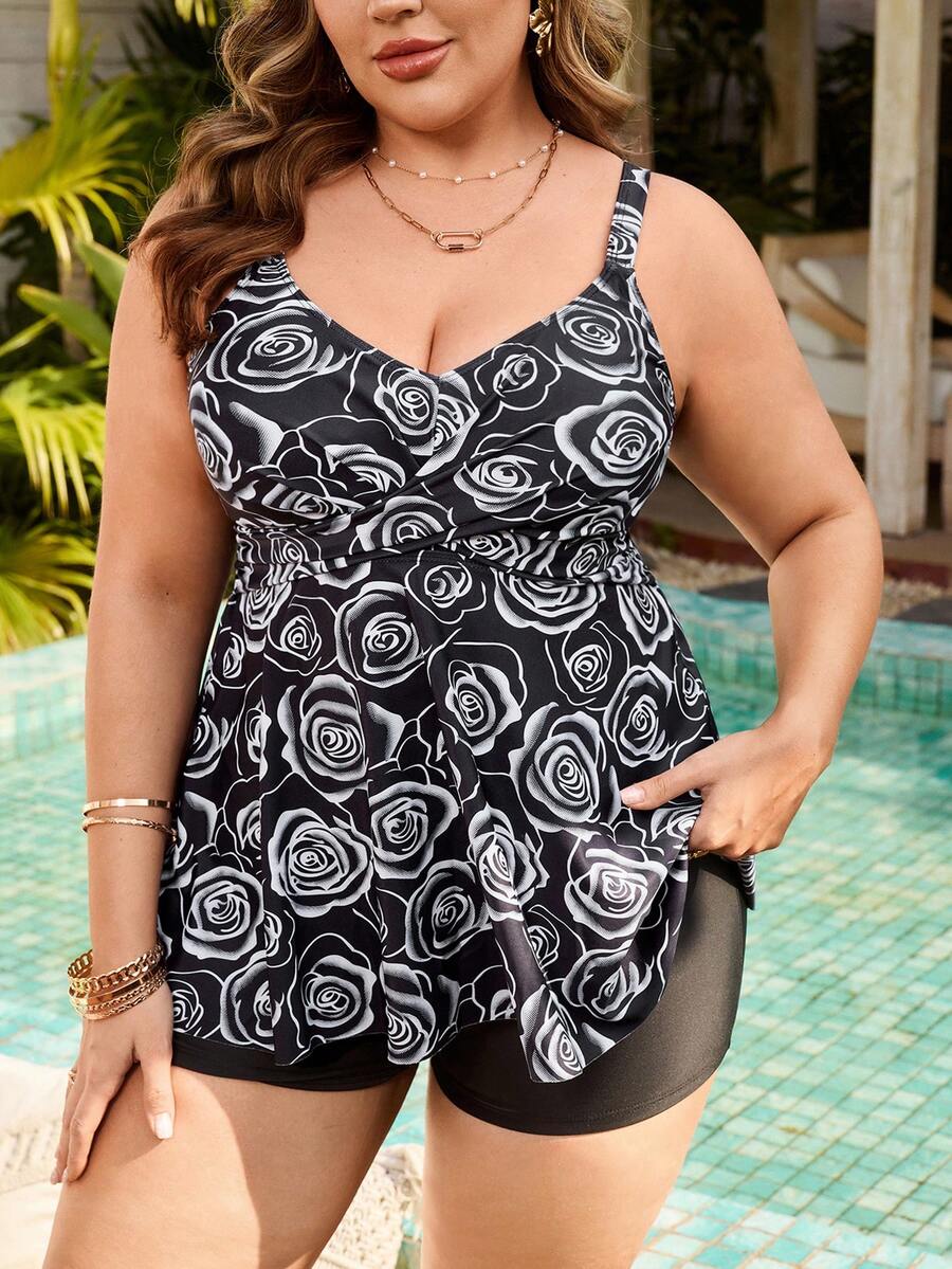 Swim Lushoire Plus Size Women 2 Pieces Swimsuit, Modest Rose Print Sleeveless Tankini, Elegant Resort Swimwear Set, Plus Size Sleeveless Bikini - Black - View 1