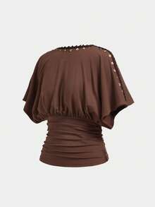 ROMWE Avant Spring/Summer Handmade Button Waist Crop Top For Fashionable Women - Coffee Brown - View 1