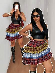 Maweii 大码女式格子拼接不对称荷叶边迷你裙，适合夏季户外、街头、派对等场合 - 彩色 - 查看 2