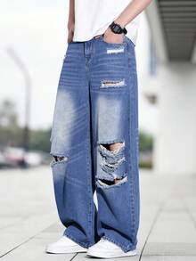 Teen Boy Oversized Loose Fit Distressed Pocket Denim Jeans, All Season - Medium Wash - View 5