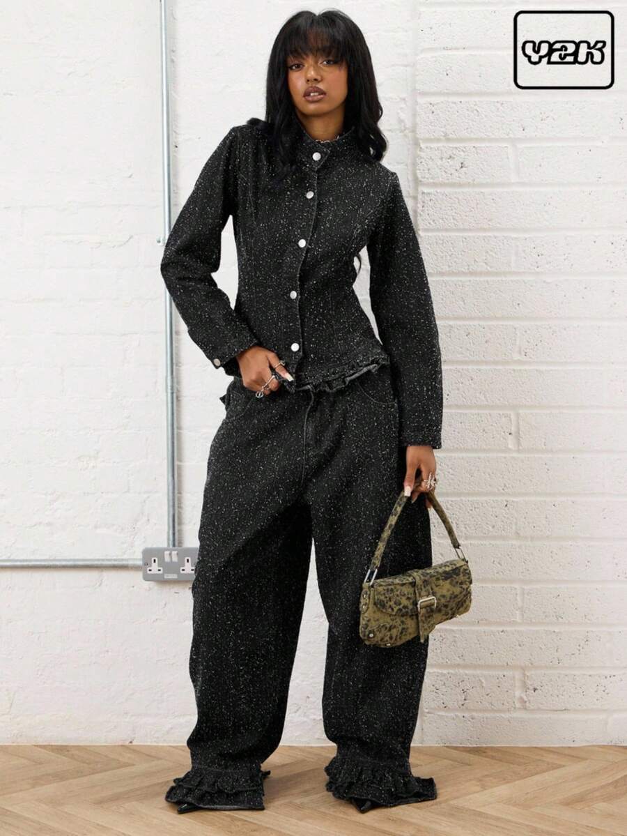 COUREZ Fitted Denim Jacket With Frill Detail In Textured Pulled Denim /Y2K Going Out Outfits  Women Clothes Spring Clothes For Women Gothic Set Club Outfits Women Sexy - Black - View 1