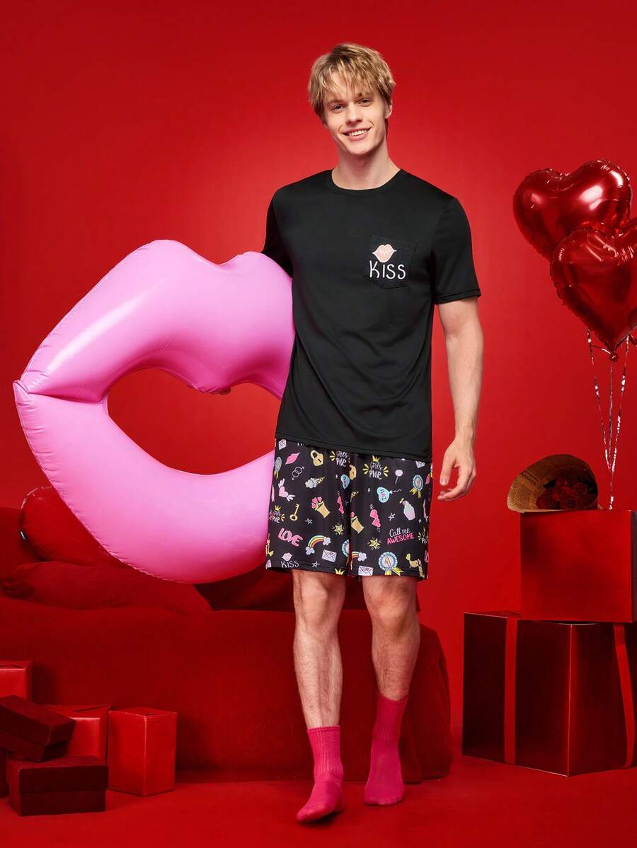 Notgurli Men's Cute & Funny Valentine's Day Print Pajama Set, Spring/Summer - Multicolor - View 1