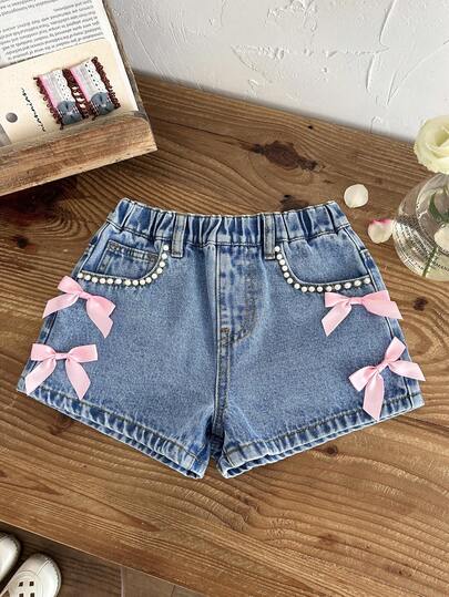 LMoss Kids Young Girl New Fashion Y2k Boho Casual Soft Cute White Pearl Pink Bowknot Blue Denim Jean Shorts Spring Summer,For Kid Young Girl Spring/Summer Dailywears,Young Girl Streetwears,Young Girl Beach,Vacations For Young Girl,Casual For Young Girl,Graphic Short,Toddler Short,4-Year-Old Young Girl Short ,Summer Short,Casual Short,Bowknot Short,Y2k 2000s Bowknot Shorts