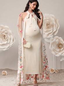 SHEIN Ensemble 2 pièces de vêtements de maternité avec châle en maille à broderie florale et robe tube ajustée, robe élégante d'été bleue à papillon pour femme enceinte invitée à un mariage - Nude - Voir 7