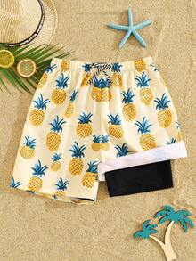 SHEIN Pantalones cortos de baño casuales de verano con estampado de piña y cintura con cordón para niño preadolescente - Multicolor - Ver 1