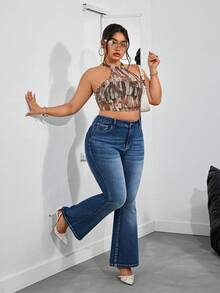 SHEIN PETITE CURVE Quần jean denim co giãn màu trơn dáng rộng, cỡ lớn - Rửa tối - Xem 4