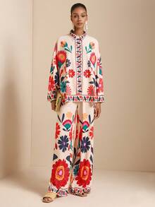 SHEIN Veneréa 2pcs Women's Patterned Vacation Shirt Set - Multicolor - View 3