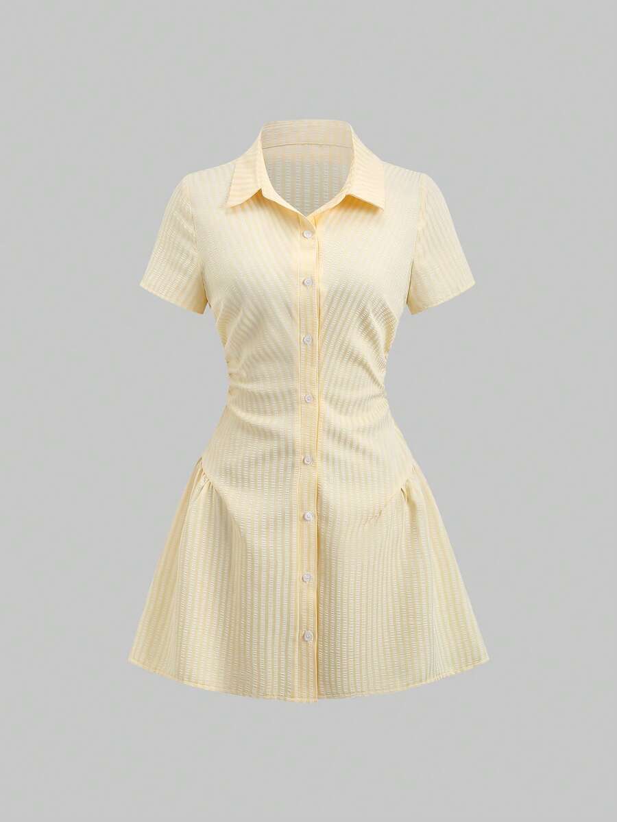 Sweetra 甜美清新粉色短袖衬衫裙，收腰显瘦，夏季时尚衬衫裙 - 黃色 - 查看 1