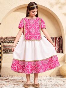 SHEIN Young Tween Girls Floral Print Patchwork Modest Dress,White And Pink Summer Wedding Guest Arabian V-Neck Color Block Lace Trim Loose Casual Gown - Pink - View 3