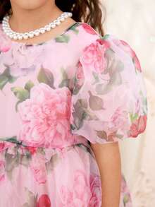 Elladie kids 女童碎花印花薄纱泡泡袖连衣裙，后背拉链设计，饰有优雅蝴蝶结，适合派对、生日、表演等场合，尽显公主风范。 - 粉色 - 查看 10