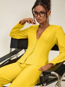 RueChic Women's Incaberry Yellow Suit Set – Fitted Waist Blazer With Self-Fabric Buttons, Long Sleeve, High Waisted Tailored Pants, Elegant Two Pieces Office Outfit - Yellow - View 3