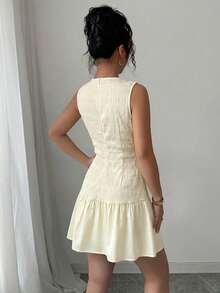 Elenzga Latest Design Women's French Elegant Apricot Round Neck Sleeveless Belted Ruffle Hem Mini Dress, Suitable For Holiday And Summer Wear, Spring/Summer - Apricot - View 2