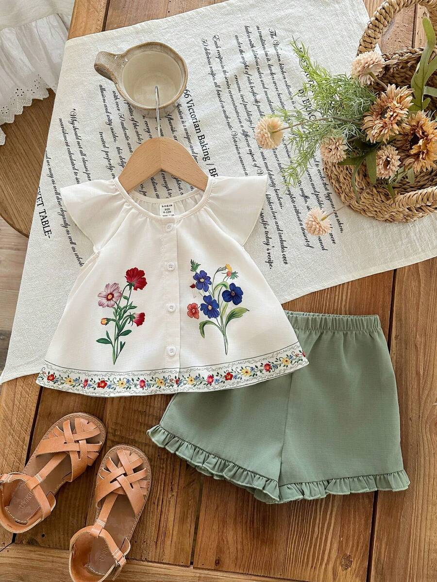 SHEIN LMoss Kids 女宝宝度假休闲可爱碎花荷叶边短袖上衣和松紧腰短裤套装 - 彩色 - 查看 1