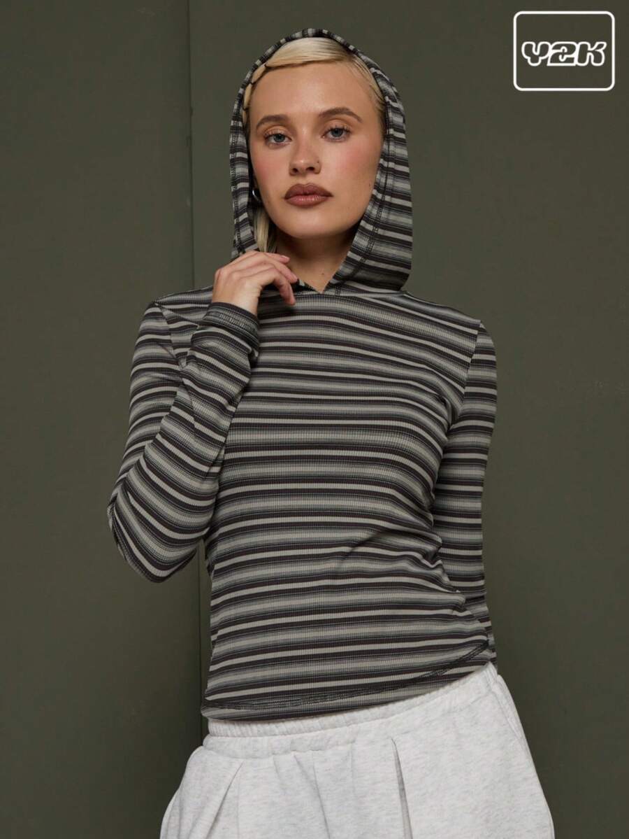COUREZ Langärmliges, tailliertes Kapuzenshirt mit Streifenmuster / Herbst/Winter-Kleidung für Damen, Ausgeh-Tops, Party-Tops, Sommer-Tops, Streetwear-Langarm-Tops