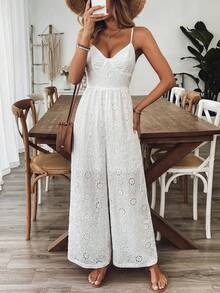SHEIN Holidaya Women's Romantic Vacation Casual Outgoing Wear Cotton Hollow White Spaghetti Strap Long Wide Leg Jumpsuit, Spring/Summer - White - View 2