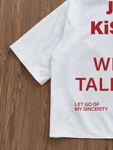 Manfinity ZONE917 Plus Size Men's Casual Loose Fit Red "JUST " Slogan & White Graphic Print Shirt - White - View 4