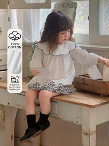 DAZY Baby Girl Peter Pan Collar Cute Embroidery Contrast Color Korean Style Long Sleeve Dress, Spring/Autumn - White - View 1