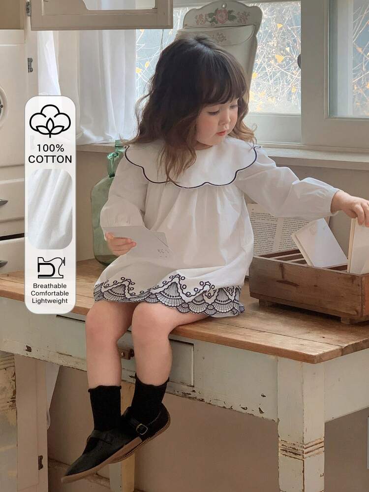 Toddler Girls' Peter Pan Collar Cute Embroidery Contrast Color Korean Style Long Sleeve Dress, Spring/Autumn