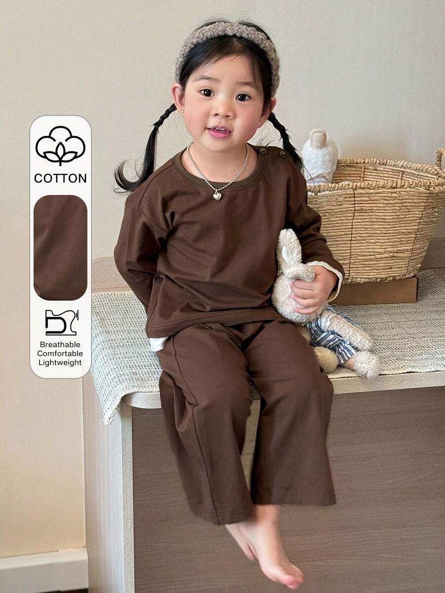 DAZY 2pcs Baby Girls' Comfortable Round Neck 2 In 1 T-Shirt And Leggings Pajama Set Toddler Girls Clothes - Brown - View 1