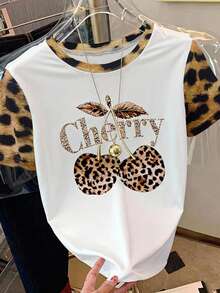 Resyla Áo thun nữ tay ngắn cổ tròn phối màu họa tiết da báo và quả anh đào - Nhiều màu - Xem 3