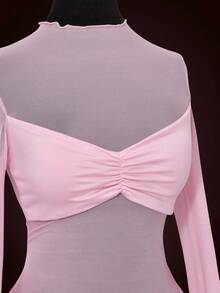 SHEIN ICON 网纱拼接透视褶皱长袖迷你连衣裙 - 粉色 - 查看 4