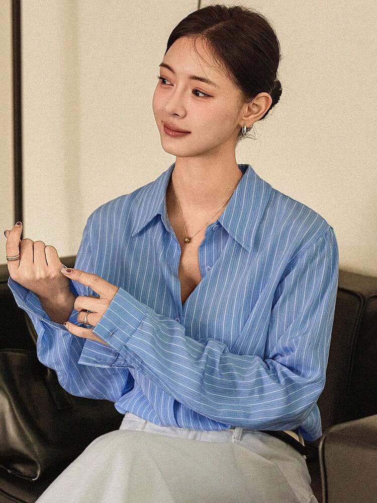 Dazy-Less Women's Casual Commuter Striped Print Button-Up Shirt Business Casual Woman - Blue - View 8