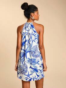 Travachic Women's Casual Halter Neck Ocean & Tropical Pattern Vacation Dress - Blue and White - View 2