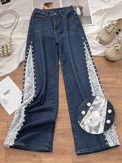 GlowEve Women's Pockets Contrast Lace & Faux Pearl Decor Wide Leg Loose Denim Pants