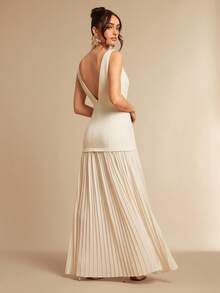 Silquee 无袖露背修身褶皱薄纱优雅连衣裙，适合职场、优雅派对、日常穿着、婚礼伴娘、通勤、春夏穿着。 - 杏色 - 查看 2