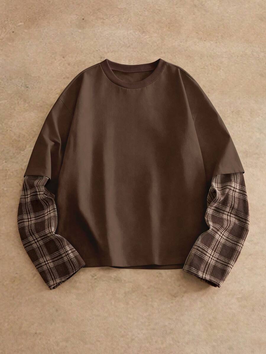 HIMLAND 男士圆领格子拼接休闲百搭通勤长袖T恤 - 咖啡棕 - 查看 1
