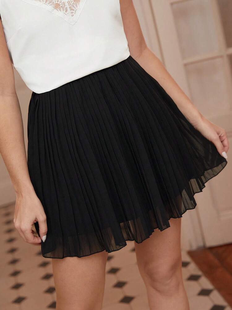 Solid High Waisted Pleated Skirt Winter Black Casual Spring