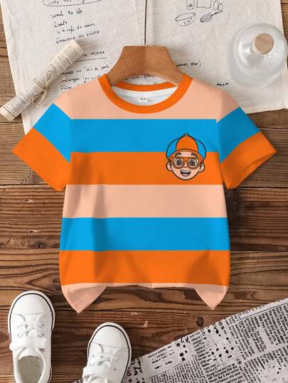 Blippi X SHEIN 男童休闲撞色条纹卡通图案圆领短袖T恤，夏季款