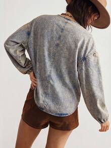 Bohemela Plus Size Casual Medium Wash Denim Top With Random Print And Drop Shoulder Long Sleeves - Medium Wash - View 3