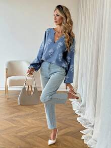 SHEIN LUNE 女士休闲撞色刺绣落肩波西米亚风长袖衬衫，春夏休闲上衣，适合女士度假、夏季休闲穿着，也适合春假、海滩度假、休闲上衣、外出上衣和夏季上衣。 - 藍白色 - 查看 6