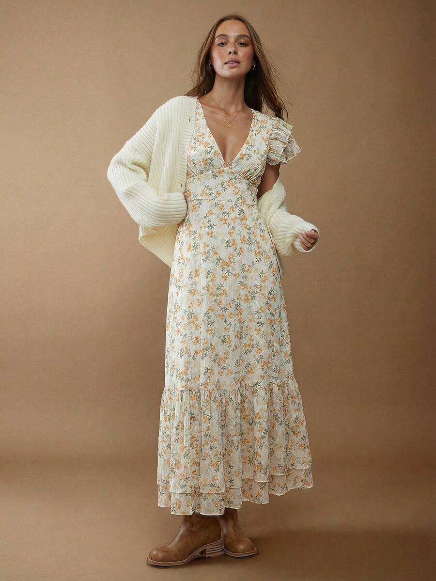 WESTFADE Đầm maxi xếp tầng tay bồng bằng chiffon in hoa, cổ chữ V, mùa thu đông, trang phục dự hòa nhạc đồng quê Nashville, phong cách thường ngày, dễ thương, boho, miền Tây dành cho nữ. - Nhiều màu - Xem 1