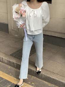 DAZY 女士方领蝴蝶结纯色休闲长袖衬衫 - 白色 - 查看 9