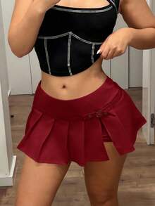 SHEIN ICON Solid Color Minimalist Collegiate Style Sexy Mini Pleated Skirt - Burgundy - View 5