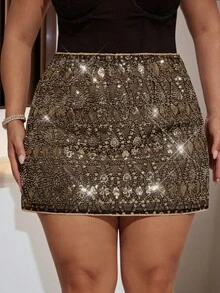 SHEIN BAE Plus Size Women's Fashionable Party Black Sequin Mini Skirt,Women's  Low Rise Sequin Mini Skirt, Super Skirt For Party, Clubbing, Back-To-School,Plus Size Skirt,Cocktail Skirt,Elegant Party Wear,Halloween Costume - Black - View 7