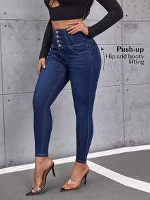 Flexra 女士休闲水洗高腰修身牛仔裤 - 深色水洗藍 - 查看 5