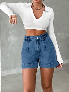 EURMUSE 100%Cotton Ladies Solid Color Simple Denim Shorts,Summer Daily - Dark Wash - View 5