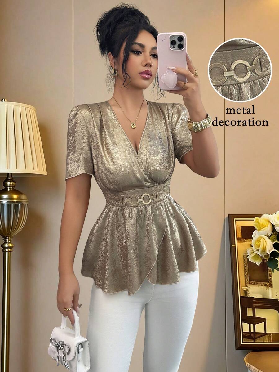 Elenzga Women's Fashion Deep V-Neck Puff Sleeve Cinched Waist Metal Button Irregular Hem Elegant Daily, Vacation, Outing, Party Short Sleeve Blouse, Spring/Summer - Gold - View 1