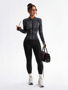 Dewbera Printed Stand Collar Zip-Up Jacket, Long Sleeve Thumb Hole Sports Tight Fitted Coat - Black - View 6